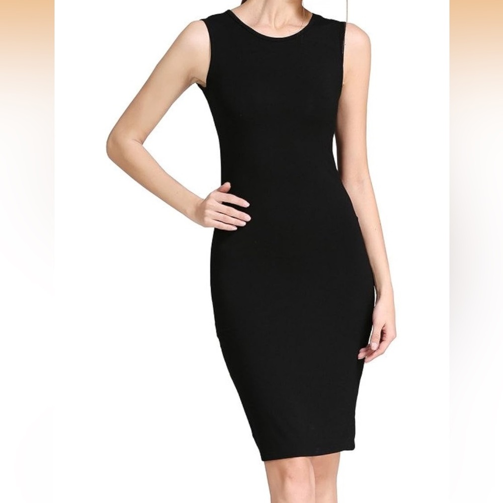 Basic Black Bodycon Fitted Stretch Midi Sleeveless Tank Dress Sz L NWOT